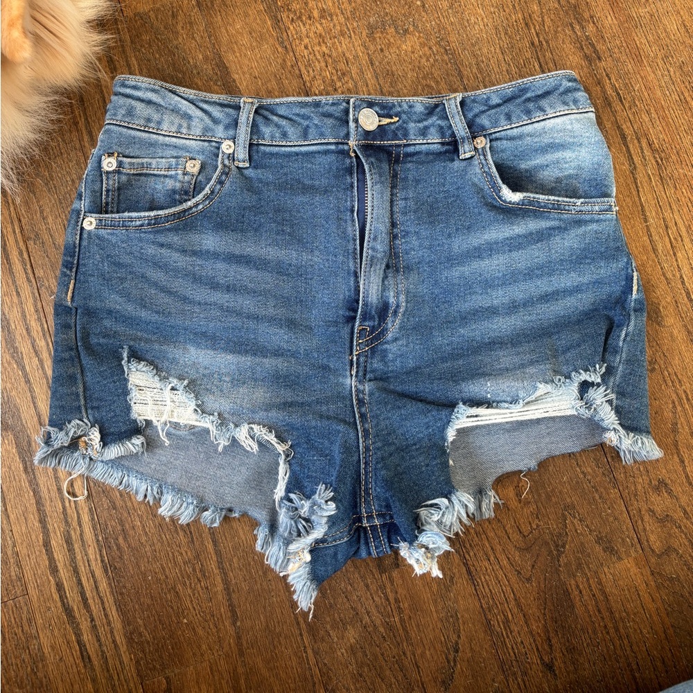 Distressed high rise denim shorts